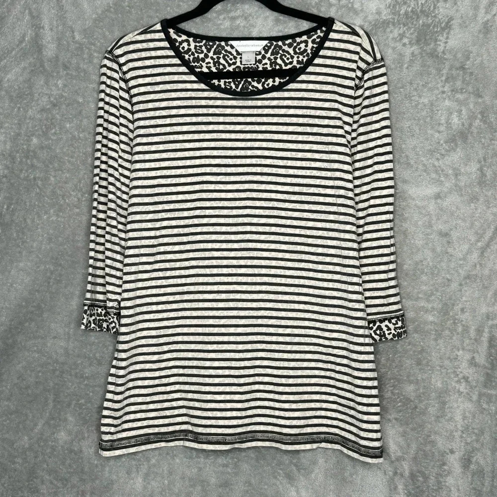 Christopher & Banks L Large Shirt Top Brown Striped 3/4 Sleeve Scoop Neck Cotton